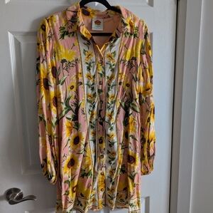 Anthropologie Pink and Yellow Floral Long Sleeve Dress